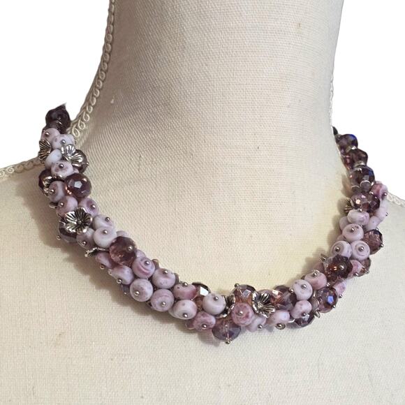 Necklace Vintage Beaded Light Purple Floral Cluster Silver Tone 18" SKU2422 - Picture 3 of 6